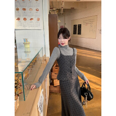 批发实拍实价~甜美正肩长袖上衣+设计感毛呢波点吊带+<b class='q'>半身</b>裙套装