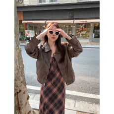 批发实拍实价~美式复古PU皮翻领修身拉链小个子短款皮衣外套