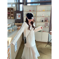 批发实拍实价~早春甜美盐系设计感拼接假两件工艺亮片连衣裙