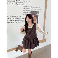 批发实拍实价~早春款甜美木耳边<b class='q'>蕾丝</b>泡泡袖上衣+鹿毛绒无袖背心连衣裙