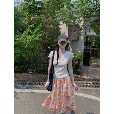 批发实拍实价~纯欲甜辣V领蕾丝花边短袖上衣+油画碎花半身<b class='q'>裙</b>两件套装