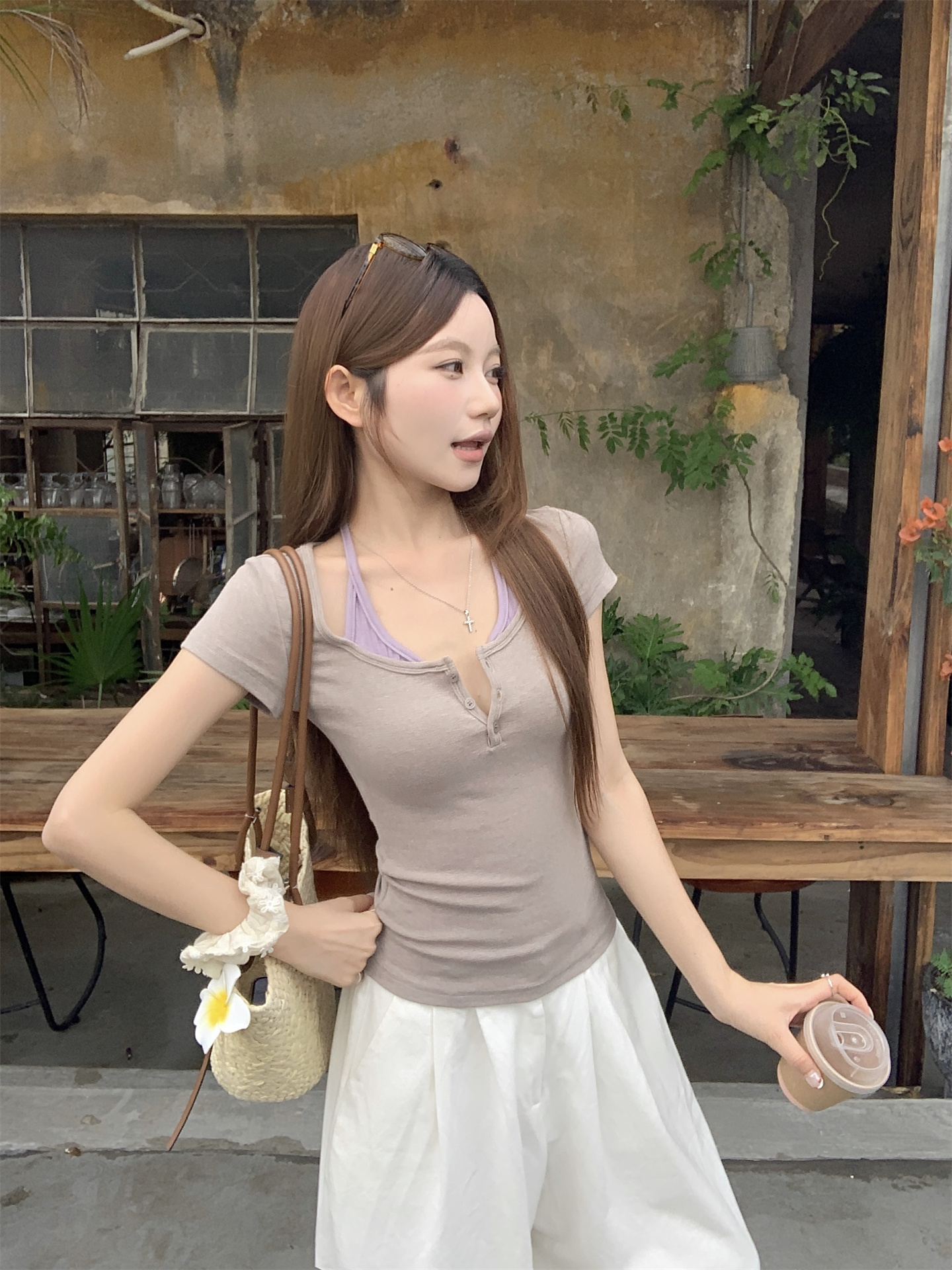 RY3537# 实拍实价~甜美盐系小个子撞色假两件挂脖短袖上衣