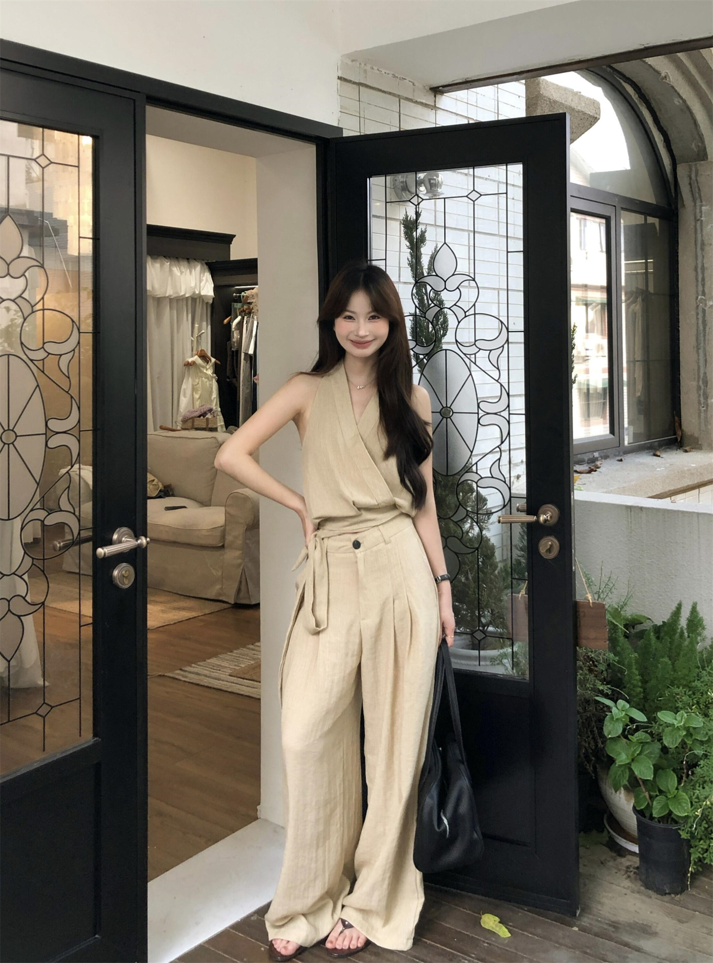 실사 정가 프랑스식 품격 디자인 센스 행침 목 레이스업 조끼 도루 센스 루즈핏 와이드 레그 팬츠 투피스 슈트