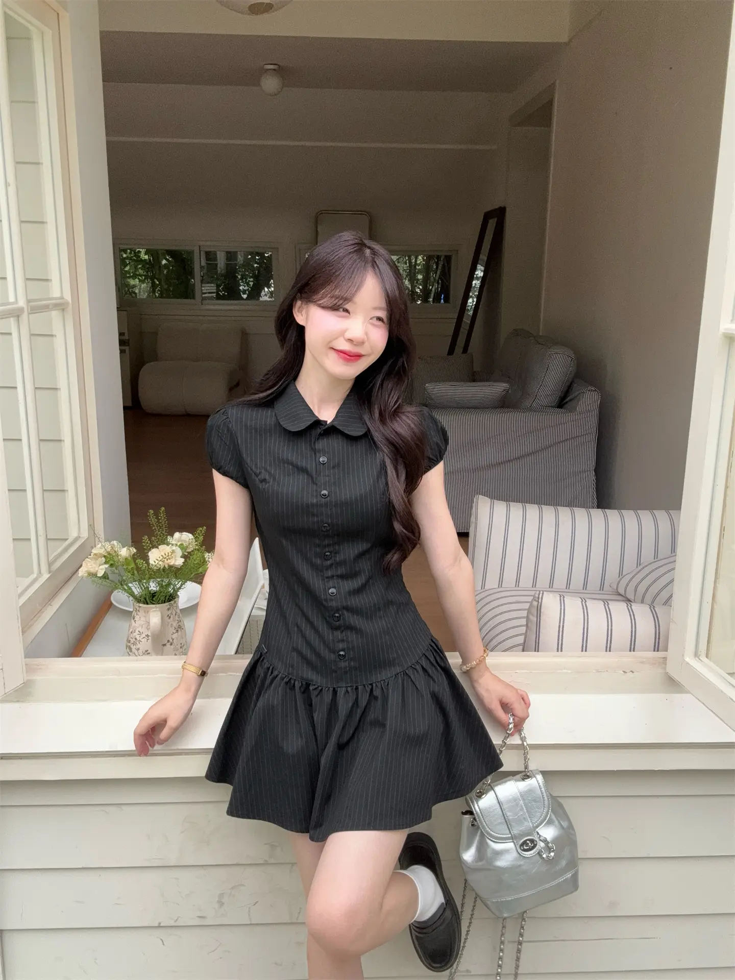 스트라이프 폴로 칼라 러블리 주름 미니 원피스 상세 이미지 1