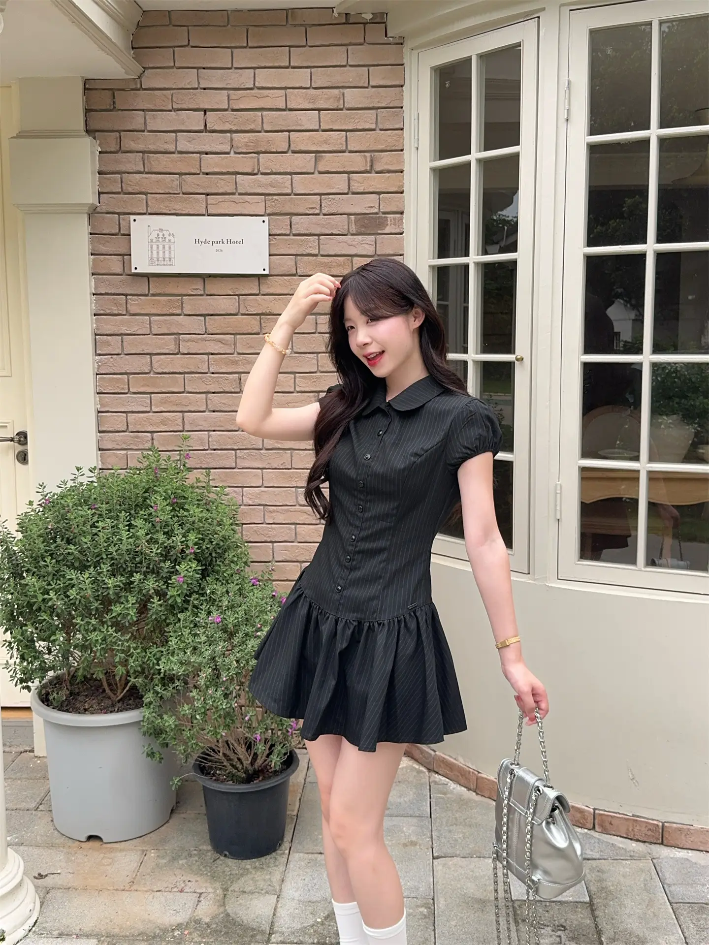 스트라이프 폴로 칼라 러블리 주름 미니 원피스 상세 이미지 2