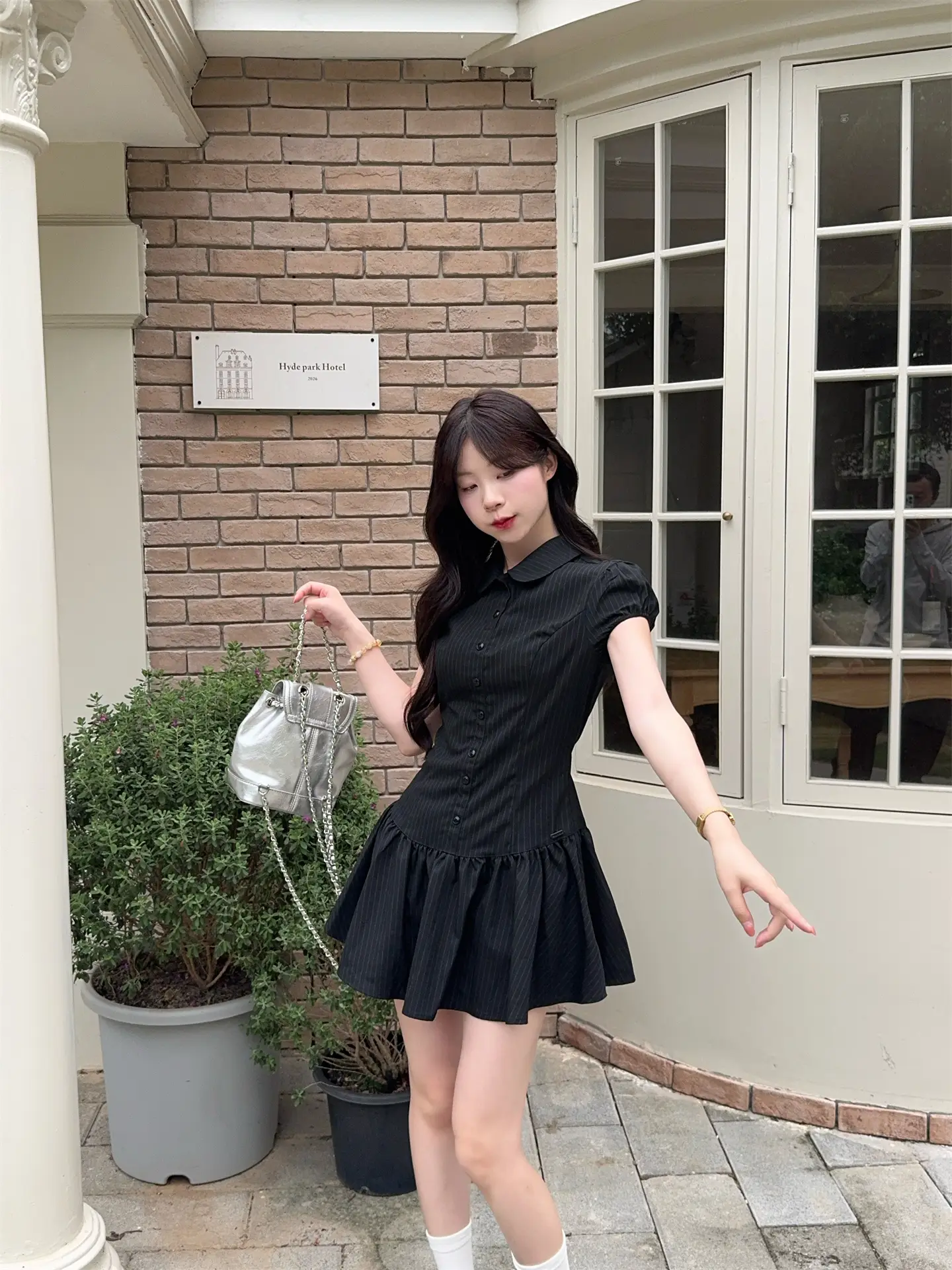 스트라이프 폴로 칼라 러블리 주름 미니 원피스 상세 이미지 3