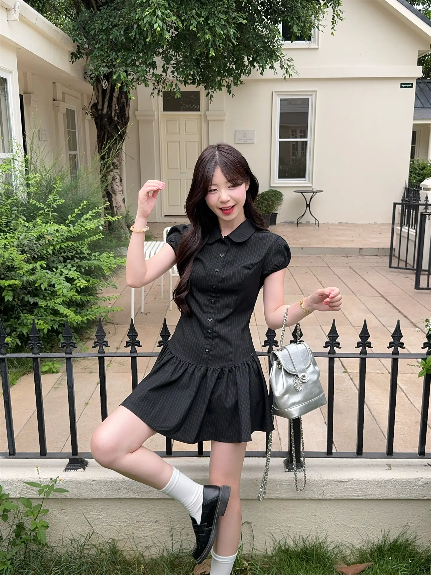 스트라이프 폴로 칼라 러블리 주름 미니 원피스 상세 이미지 4