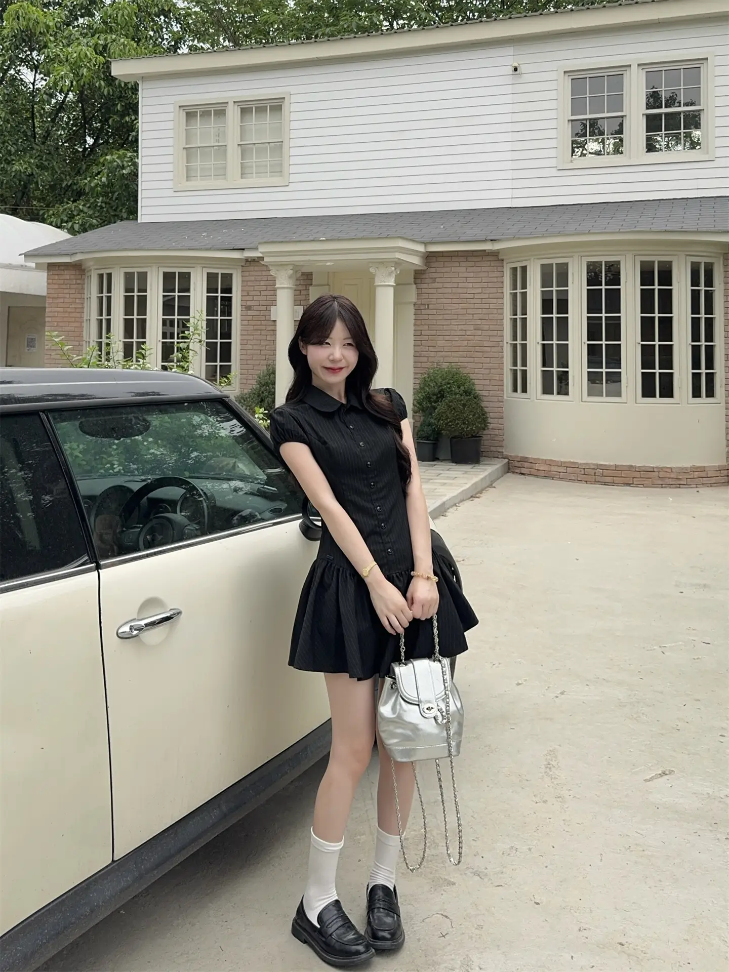 스트라이프 폴로 칼라 러블리 주름 미니 원피스 상세 이미지 6