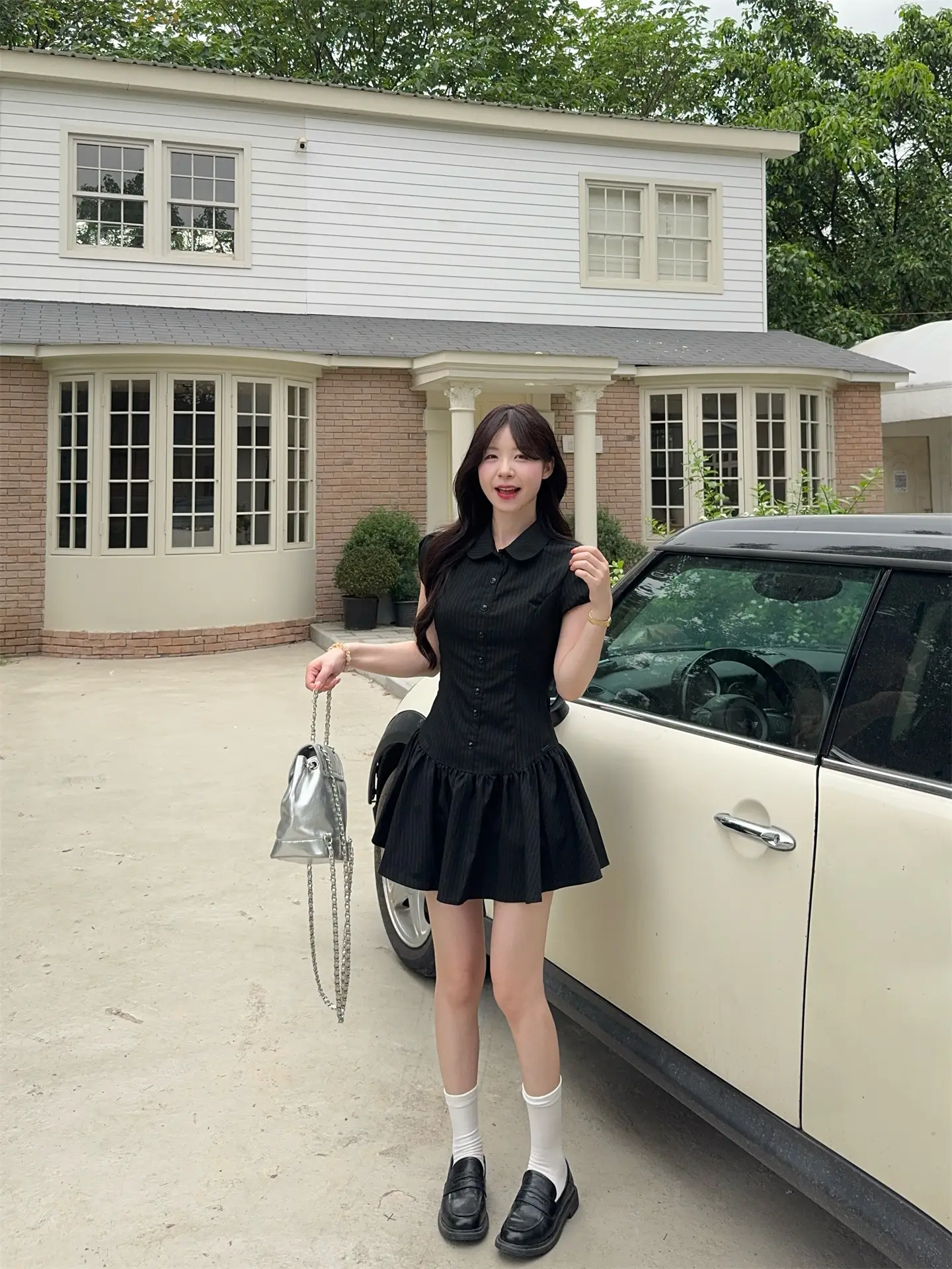 스트라이프 폴로 칼라 러블리 주름 미니 원피스 상세 이미지 7