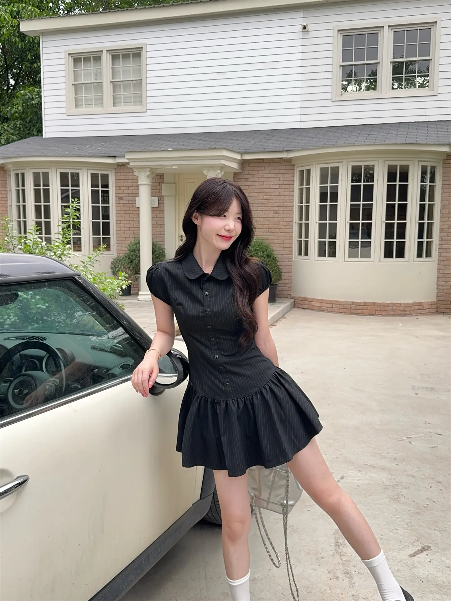 스트라이프 폴로 칼라 러블리 주름 미니 원피스 상세 이미지 8