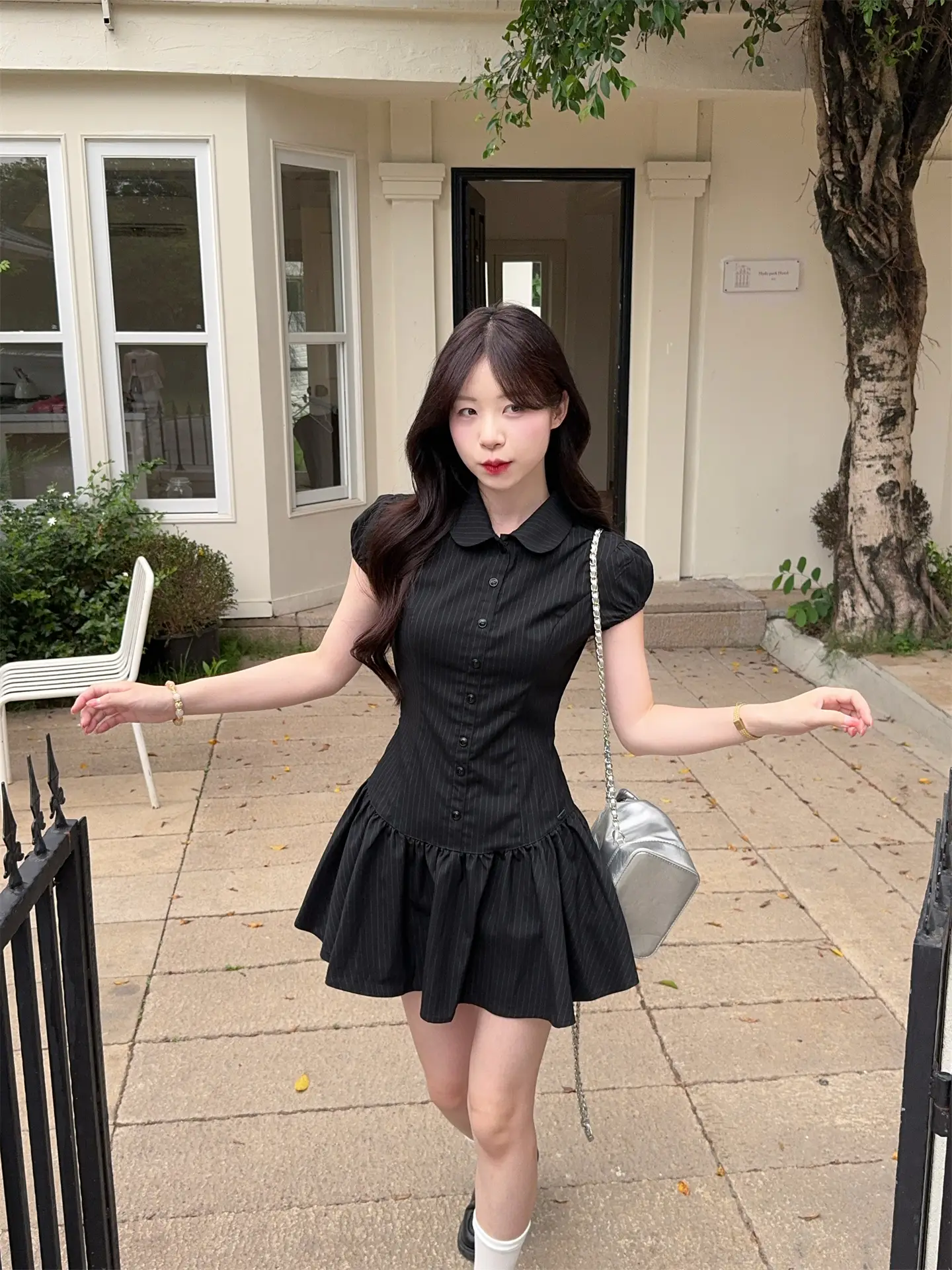 스트라이프 폴로 칼라 러블리 주름 미니 원피스 상세 이미지 11