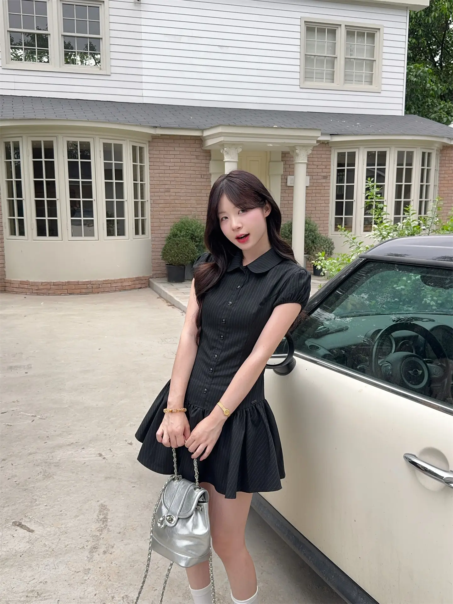스트라이프 폴로 칼라 러블리 주름 미니 원피스 상세 이미지 15