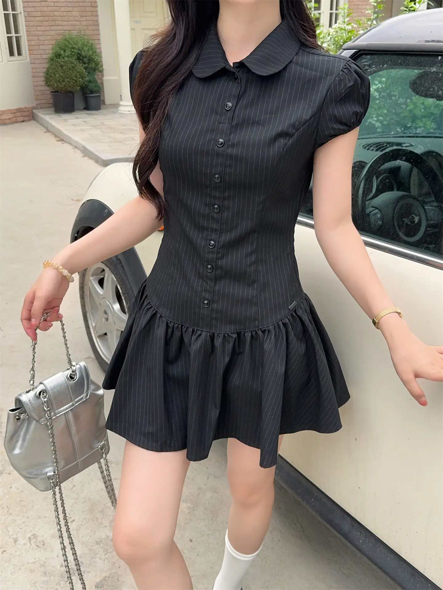 스트라이프 폴로 칼라 러블리 주름 미니 원피스 상세 이미지 16