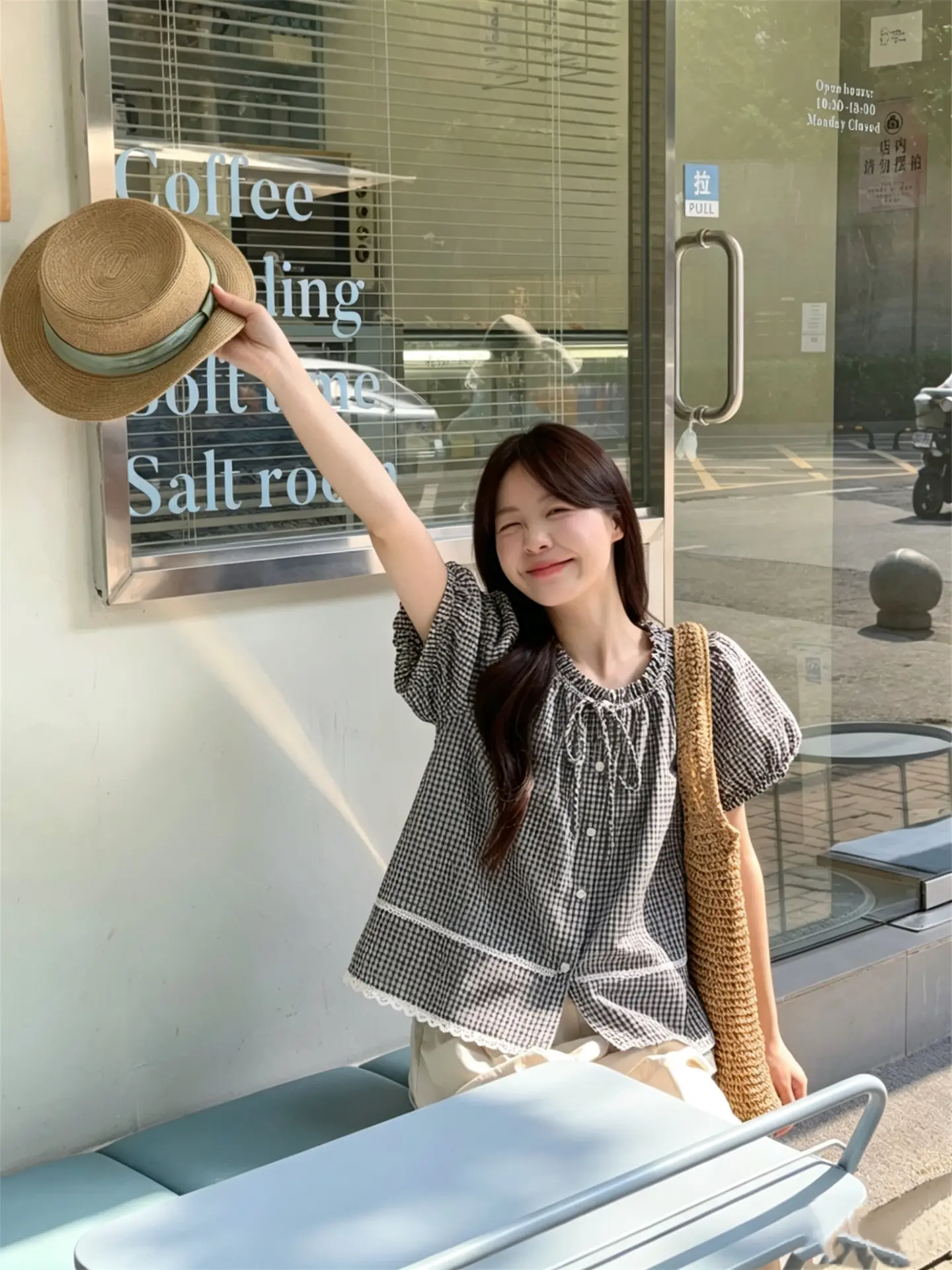 러블리 레이스 퍼프소매 체크 셔츠 상세 이미지 1