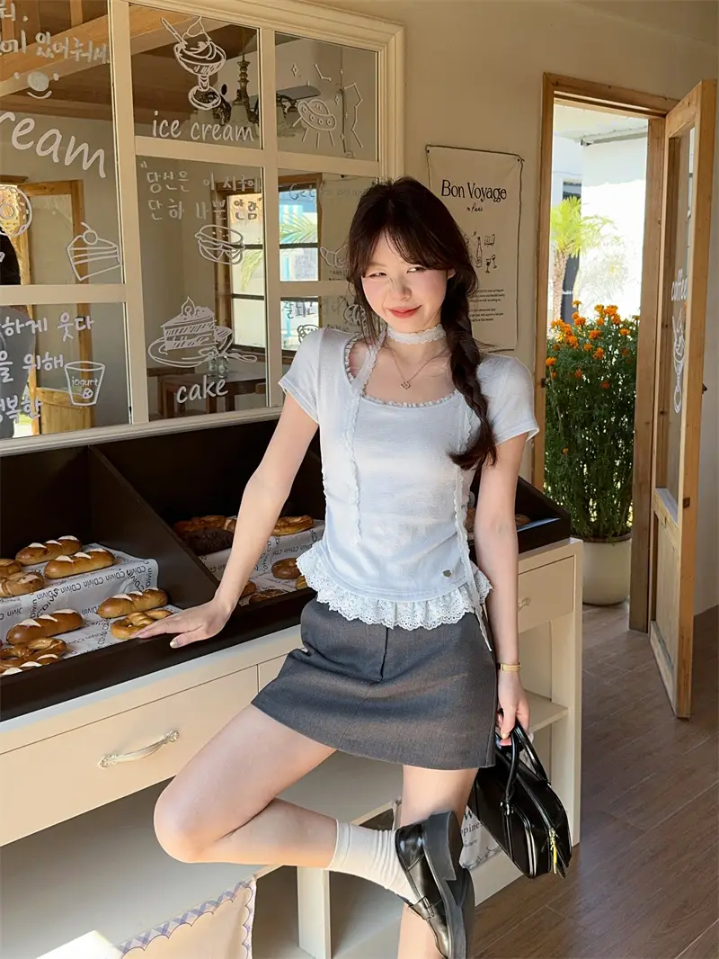 레이스 디자인 베이직 티셔츠 상세 이미지 5