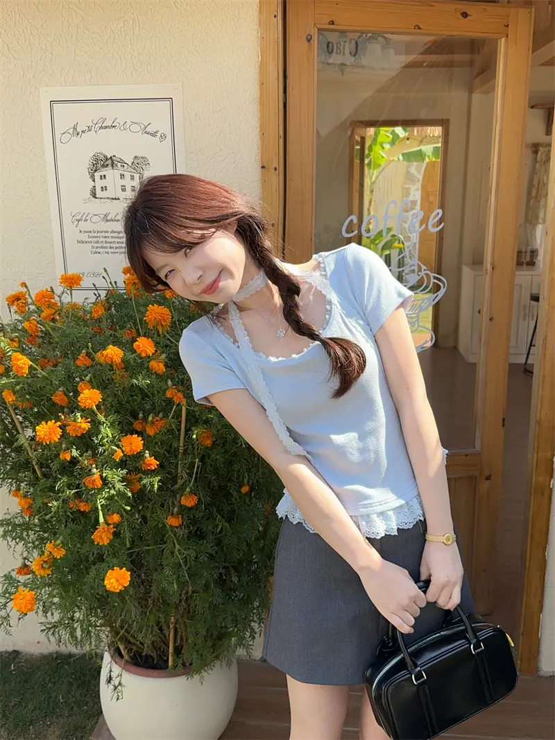 레이스 디자인 베이직 티셔츠 상세 이미지 6