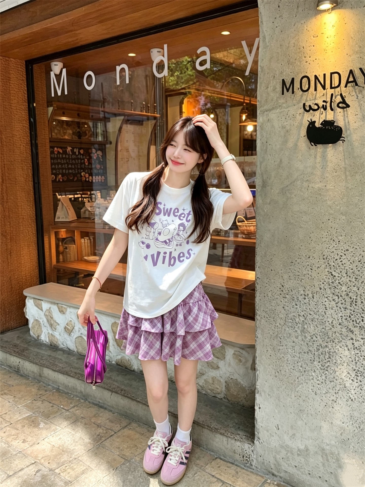 실사 정가 달콤함 작은 키 알파벳 프린트 캐주얼 반팔 맨위 체크무늬 한 마디 반신 스커트