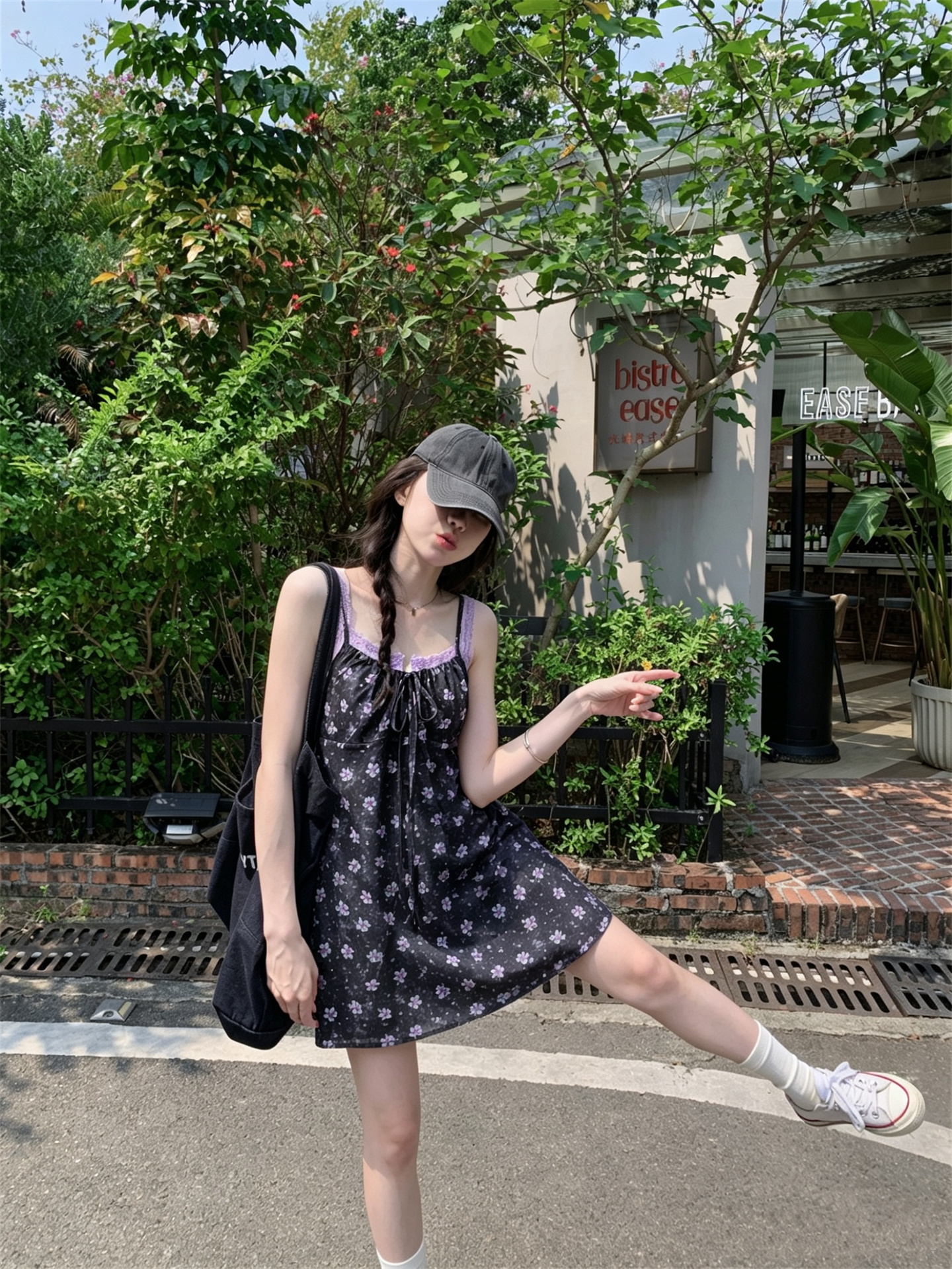 실사 정가 달콤함 보라색 작은 꽃무늬 슬립 민소매 조끼 원피스