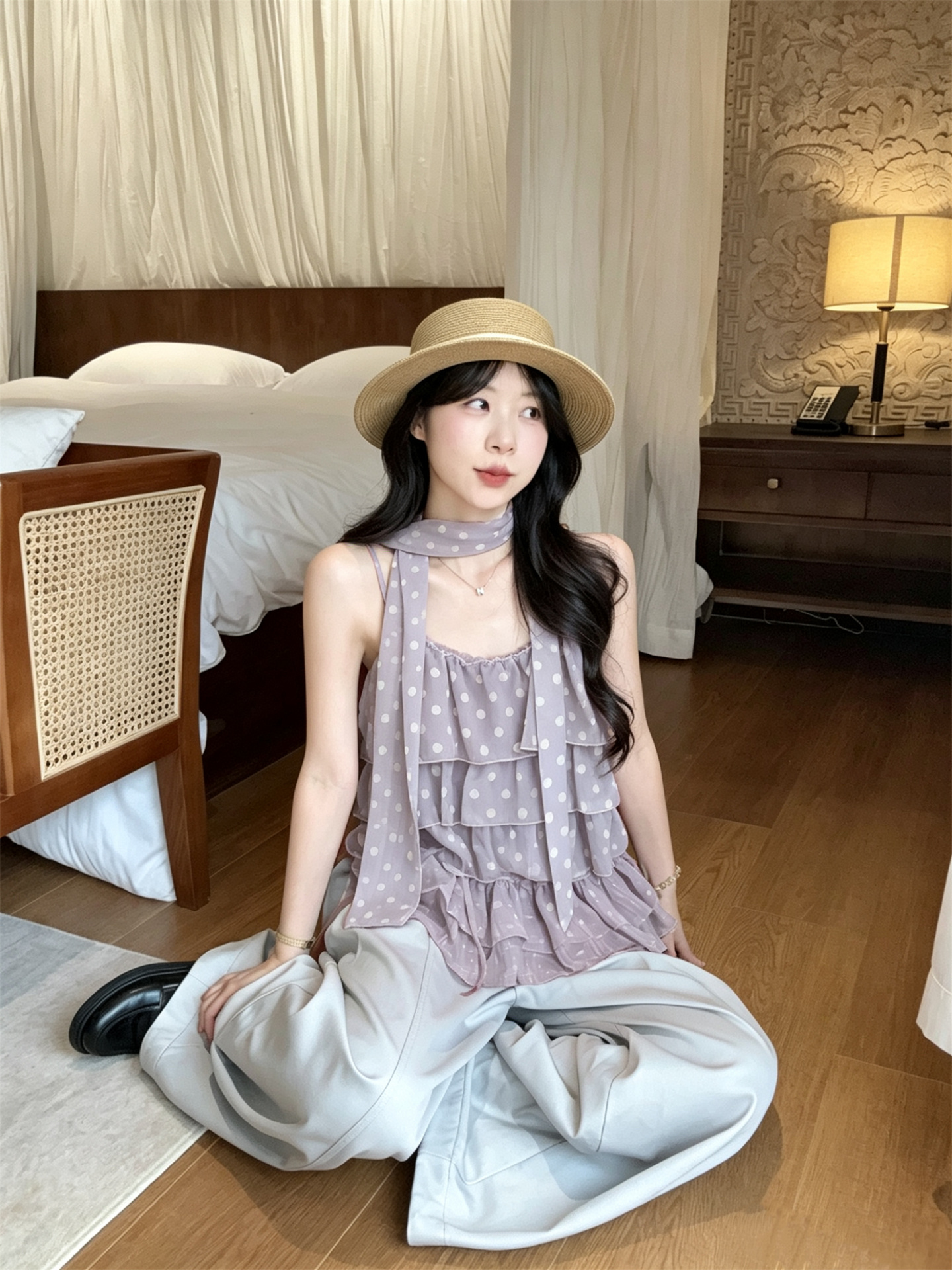실사 정가 달콤함 포도 멜라루카 탑 보라색 도트 무늬 케이크 슬립 맨위