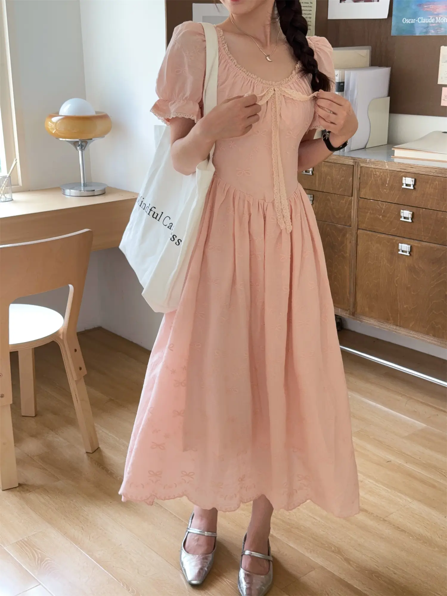 퍼프소매 자수 자카드 레이스 원피스 상세 이미지 3