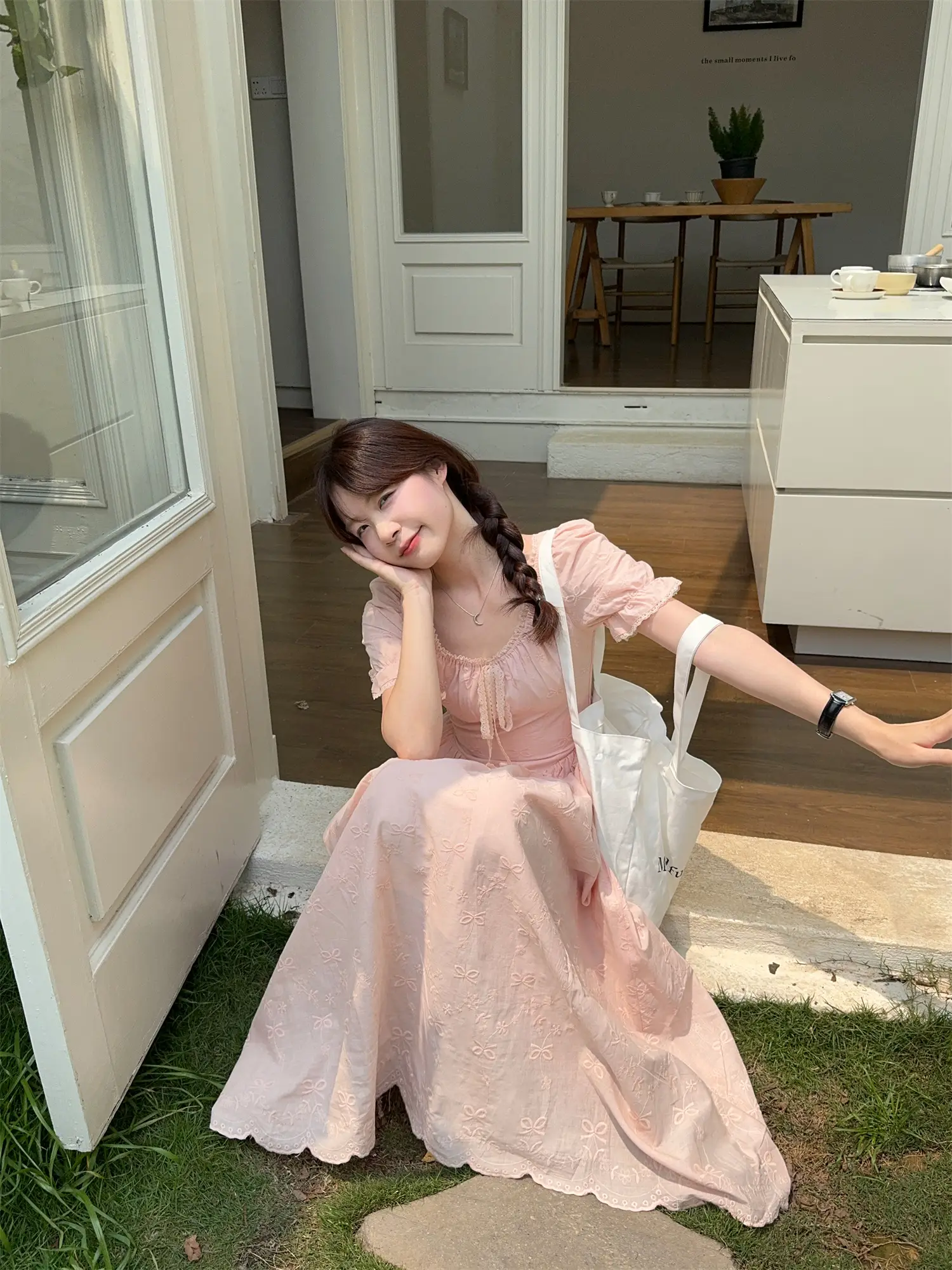퍼프소매 자수 자카드 레이스 원피스 상세 이미지 7