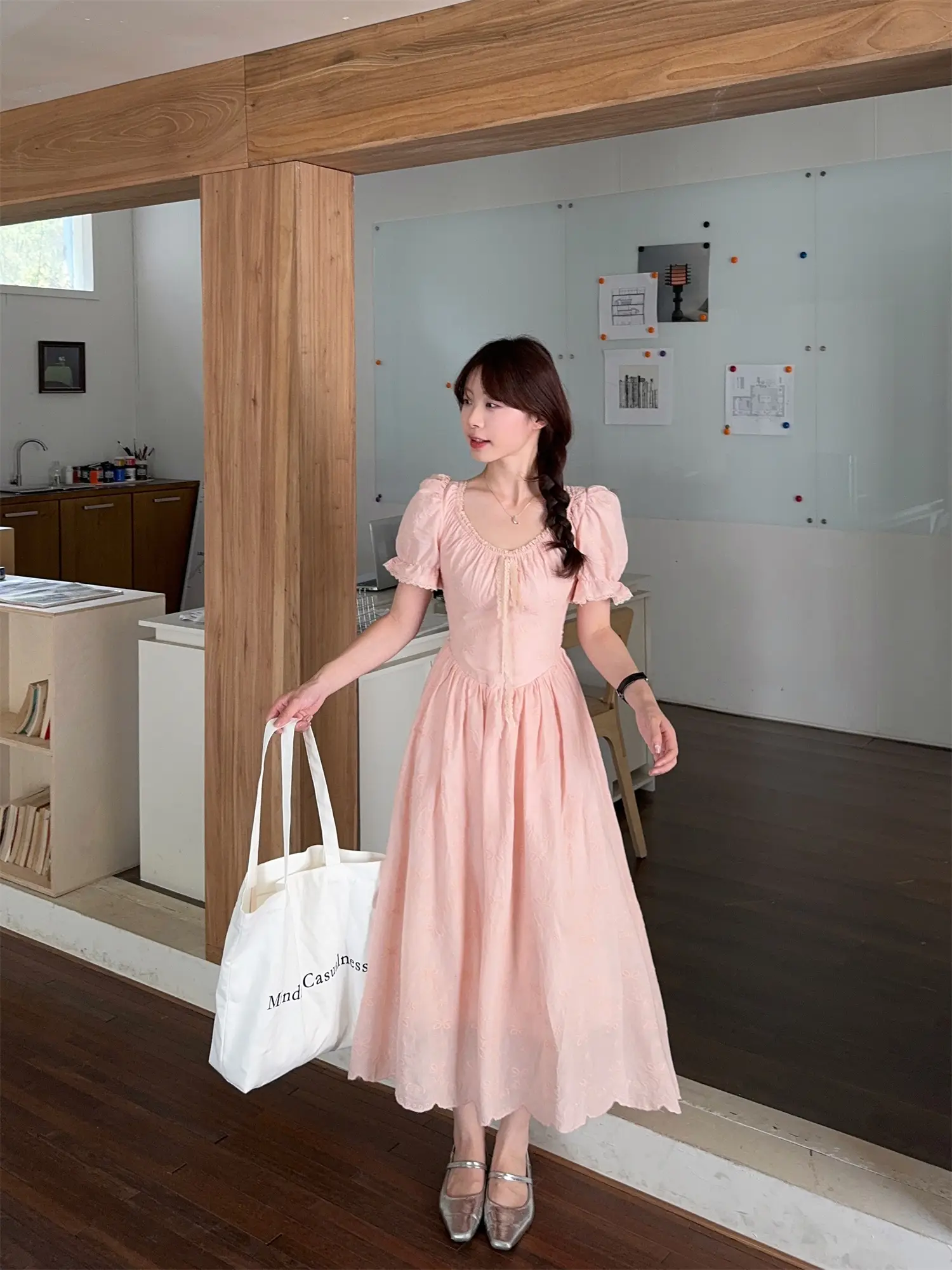 퍼프소매 자수 자카드 레이스 원피스 상세 이미지 11