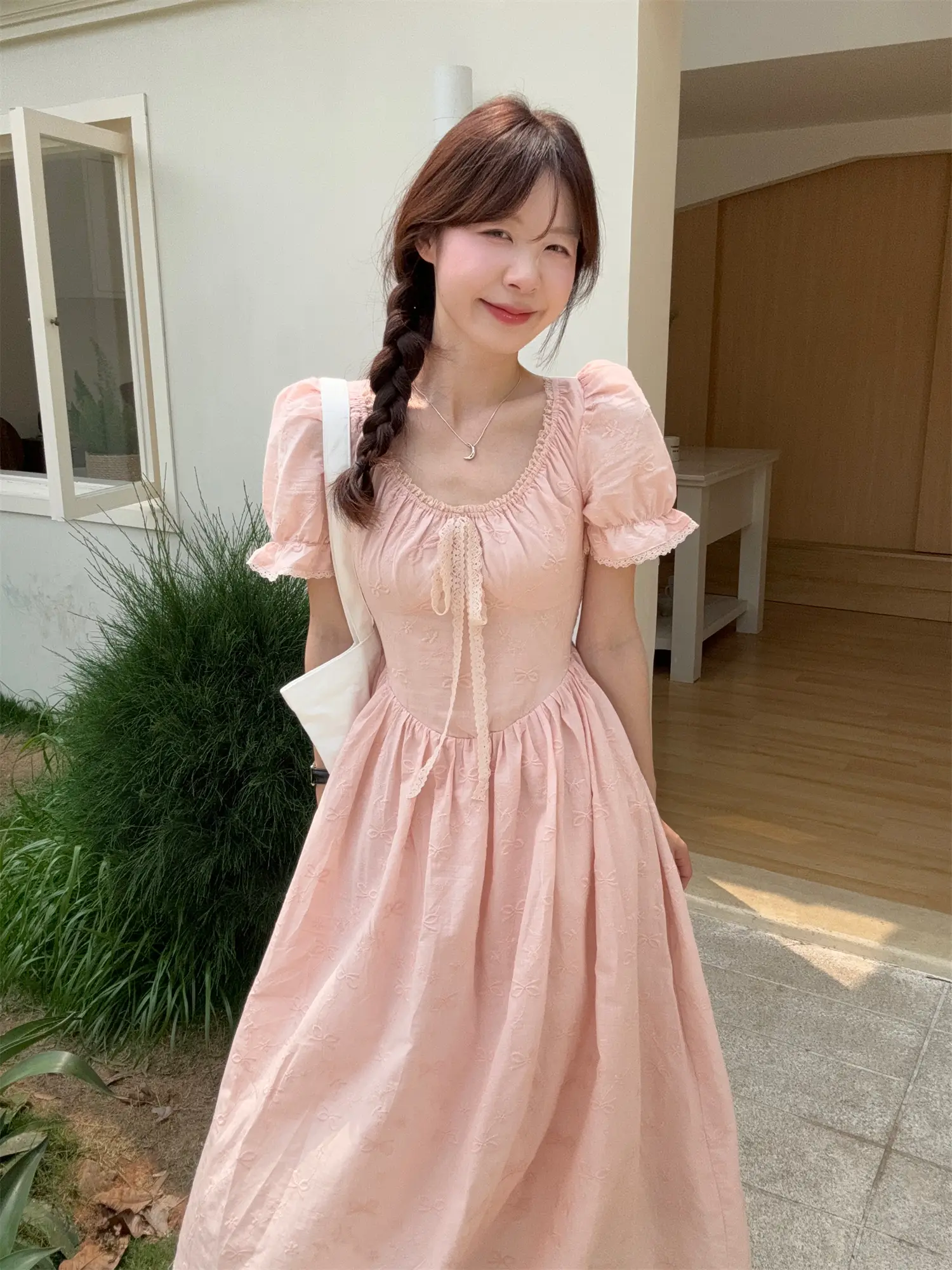 퍼프소매 자수 자카드 레이스 원피스 상세 이미지 12