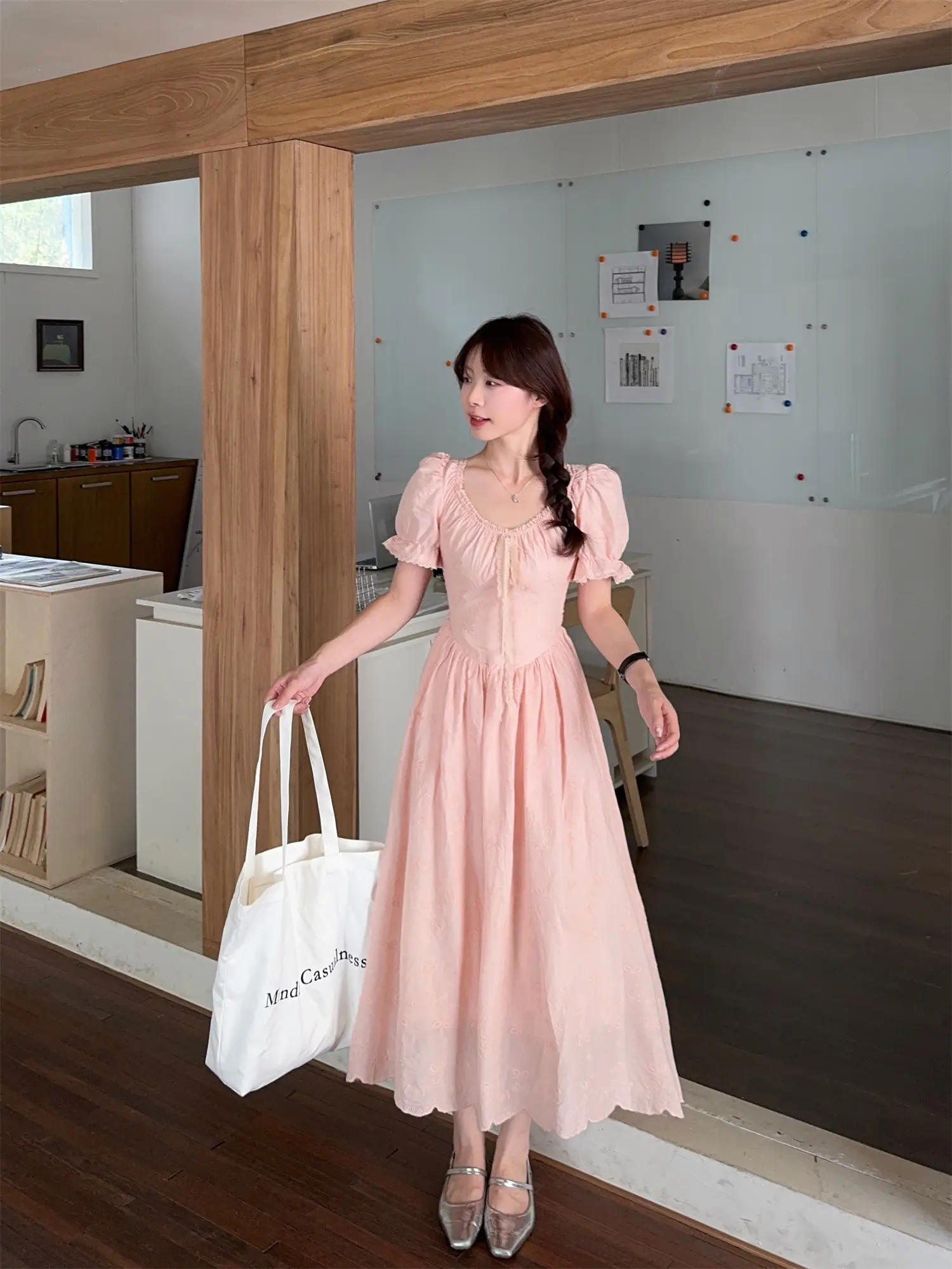 퍼프소매 자수 자카드 레이스 원피스 상세 이미지 17