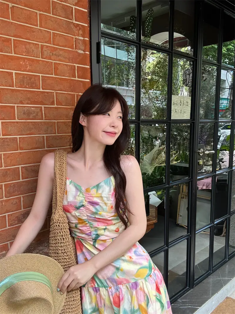 플라워 프린팅 허리 셔링 민소매 원피스 상세 이미지 3
