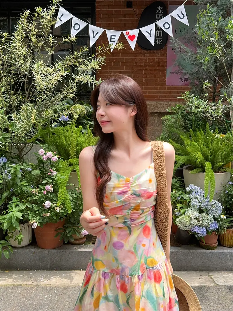 플라워 프린팅 허리 셔링 민소매 원피스 상세 이미지 6