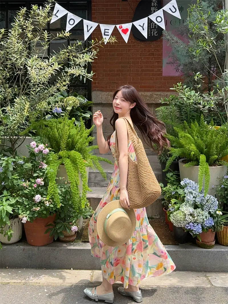플라워 프린팅 허리 셔링 민소매 원피스 상세 이미지 7