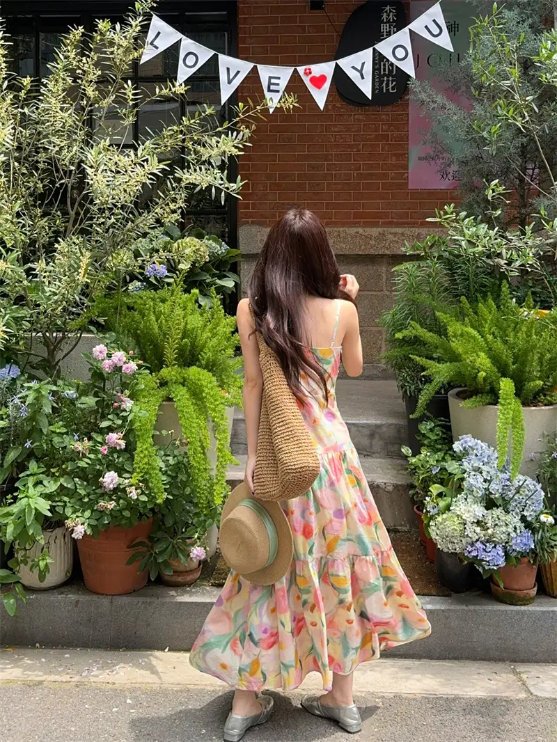 플라워 프린팅 허리 셔링 민소매 원피스 상세 이미지 8