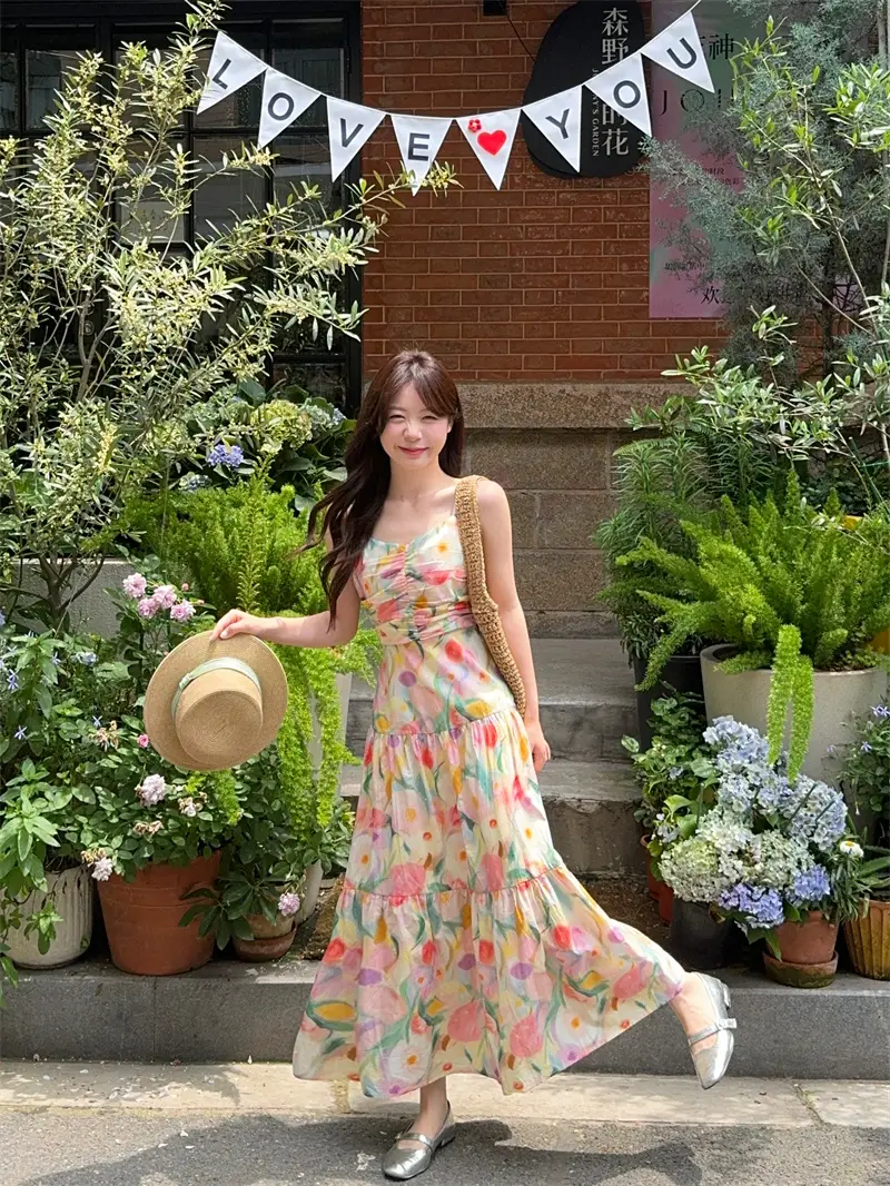 플라워 프린팅 허리 셔링 민소매 원피스 상세 이미지 9