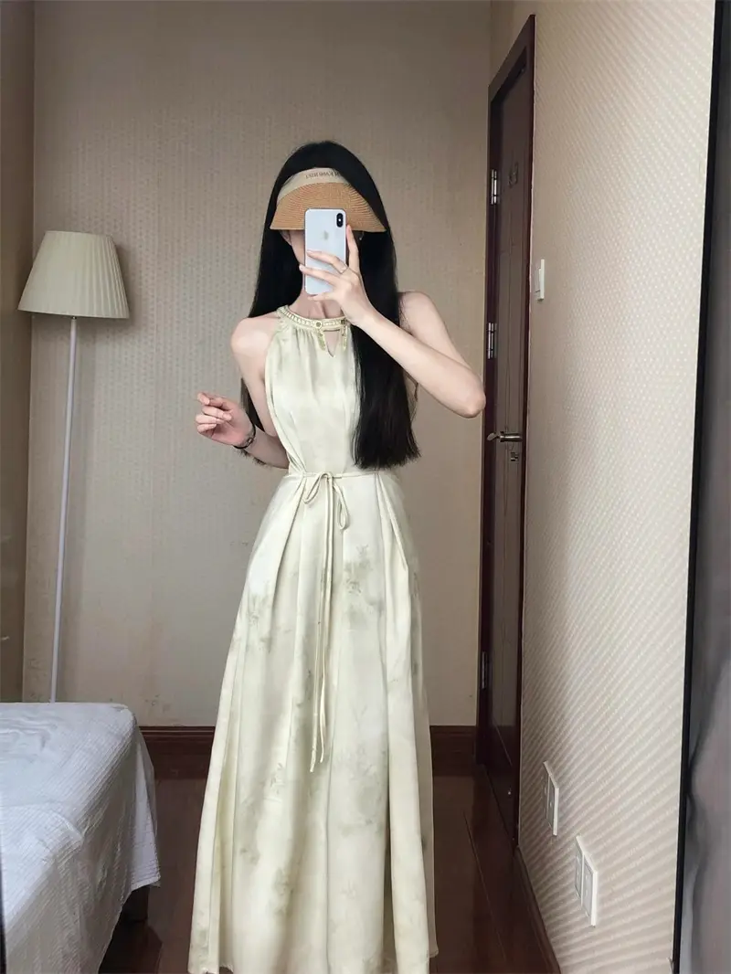 레트로 리조트풍 홀터넥 수묵화 염색 민소매 원피스 상세 이미지 1