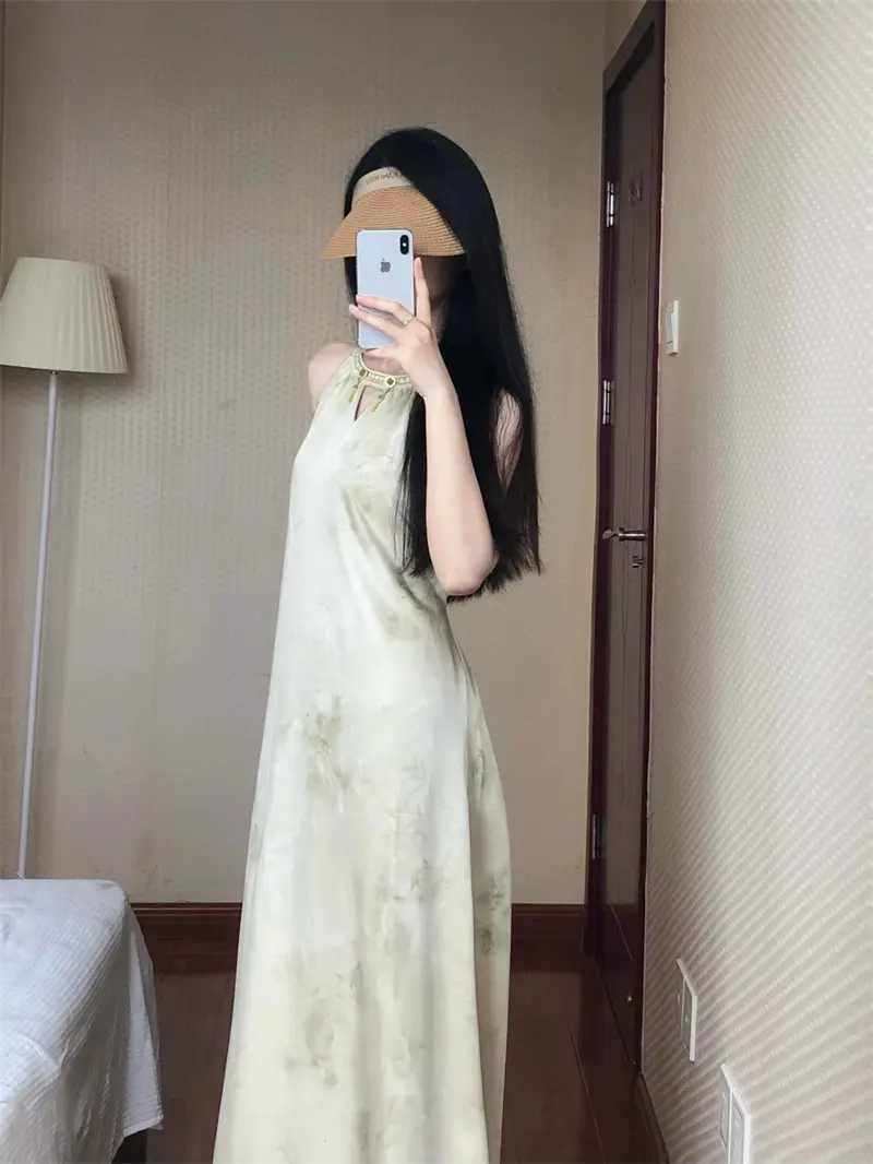 레트로 리조트풍 홀터넥 수묵화 염색 민소매 원피스 상세 이미지 2