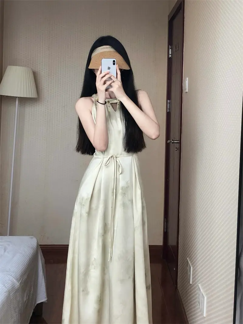 레트로 리조트풍 홀터넥 수묵화 염색 민소매 원피스 상세 이미지 3