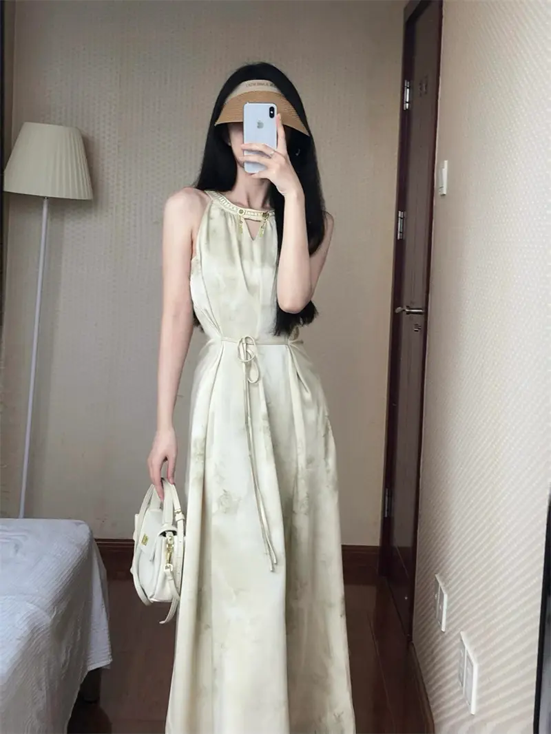 레트로 리조트풍 홀터넥 수묵화 염색 민소매 원피스 상세 이미지 4