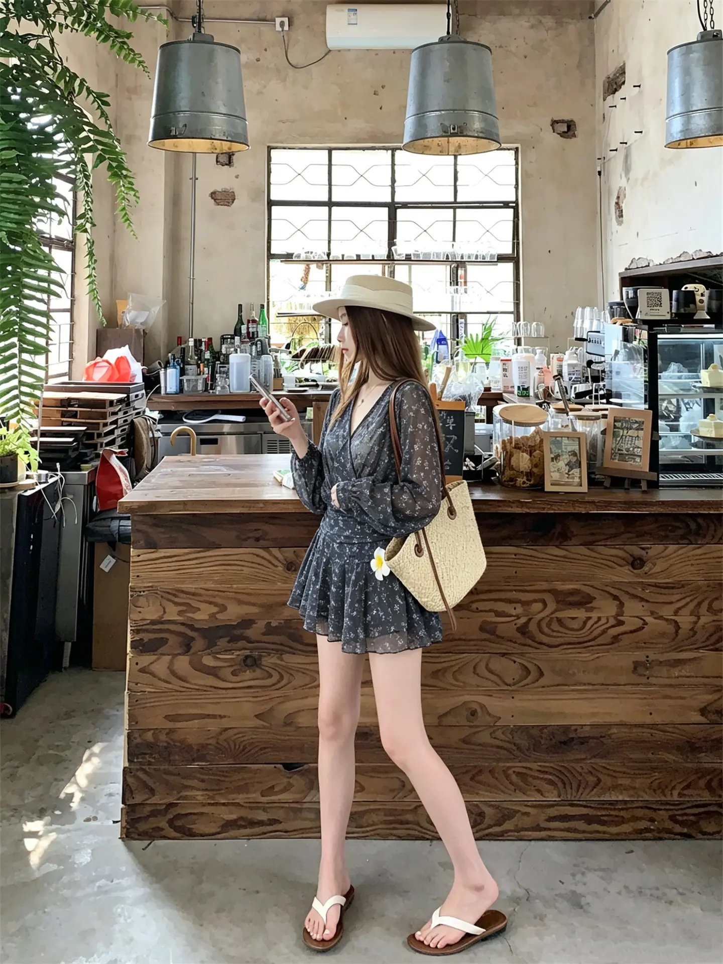 플라워 V넥 하이웨이스트 쉬폰 원피스 상세 이미지 2