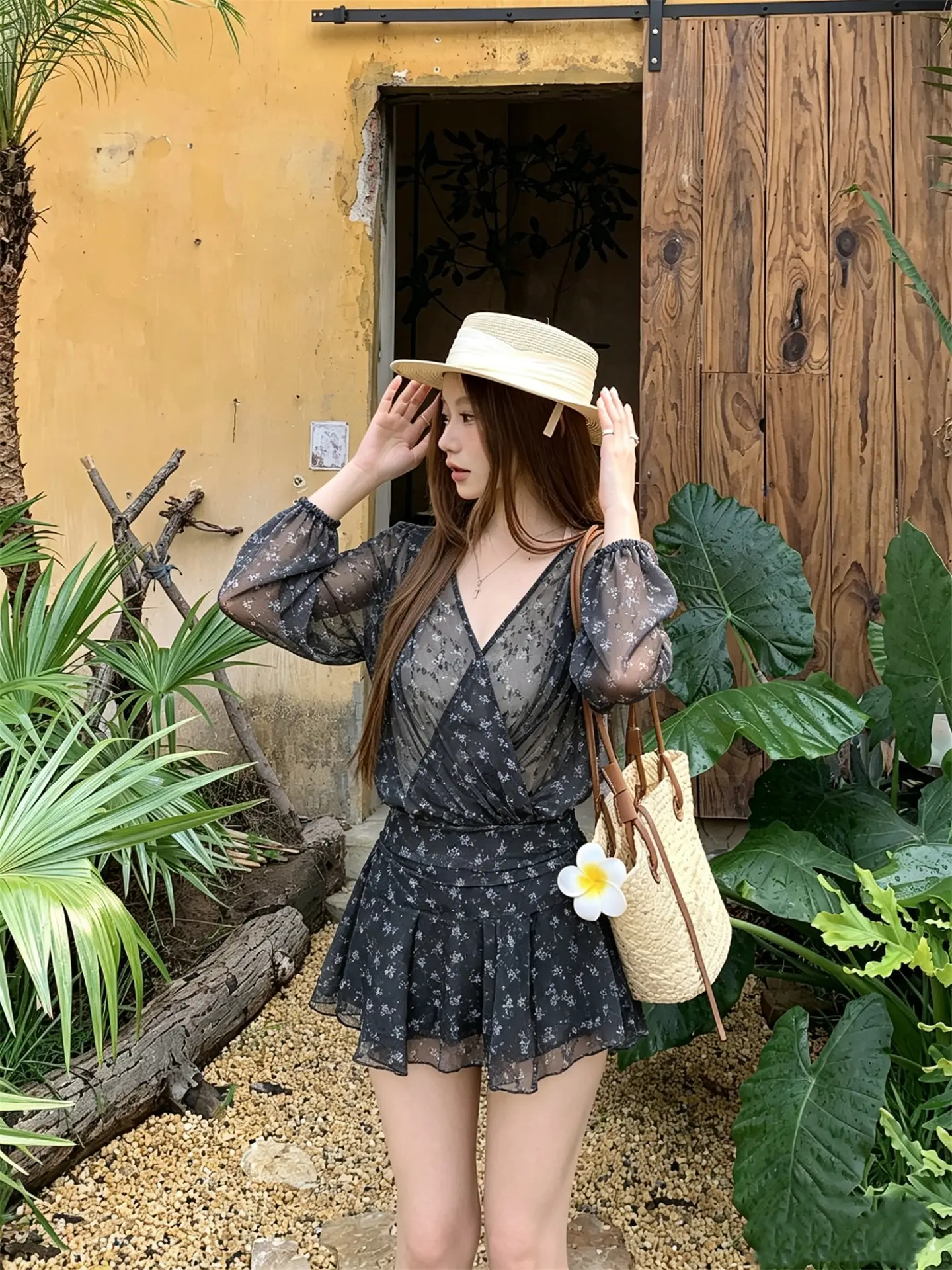 플라워 V넥 하이웨이스트 쉬폰 원피스 상세 이미지 3