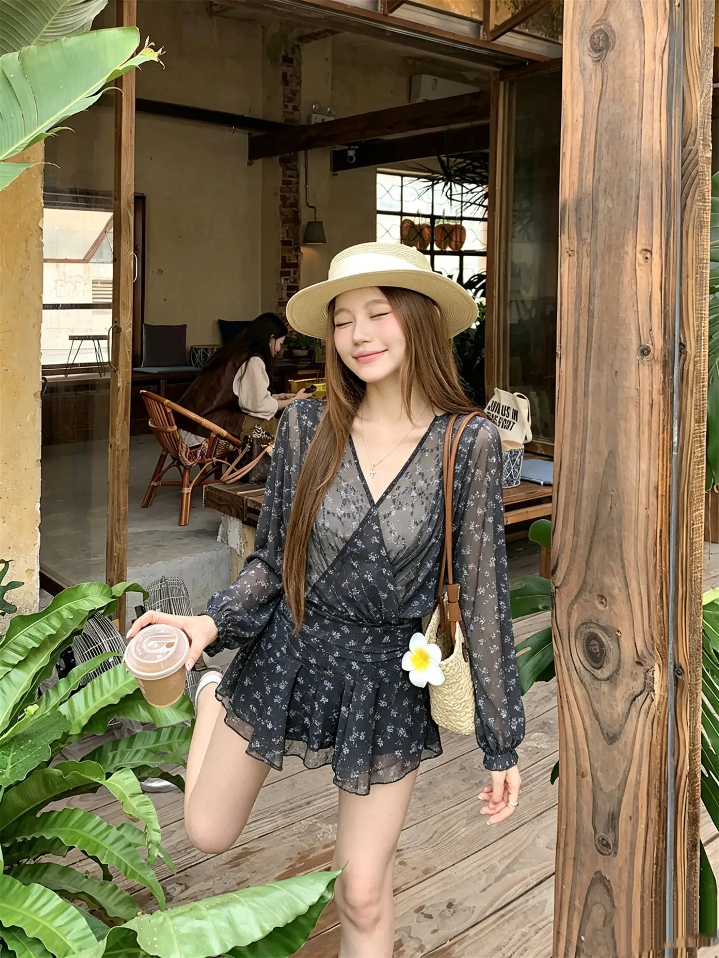 플라워 V넥 하이웨이스트 쉬폰 원피스 상세 이미지 4