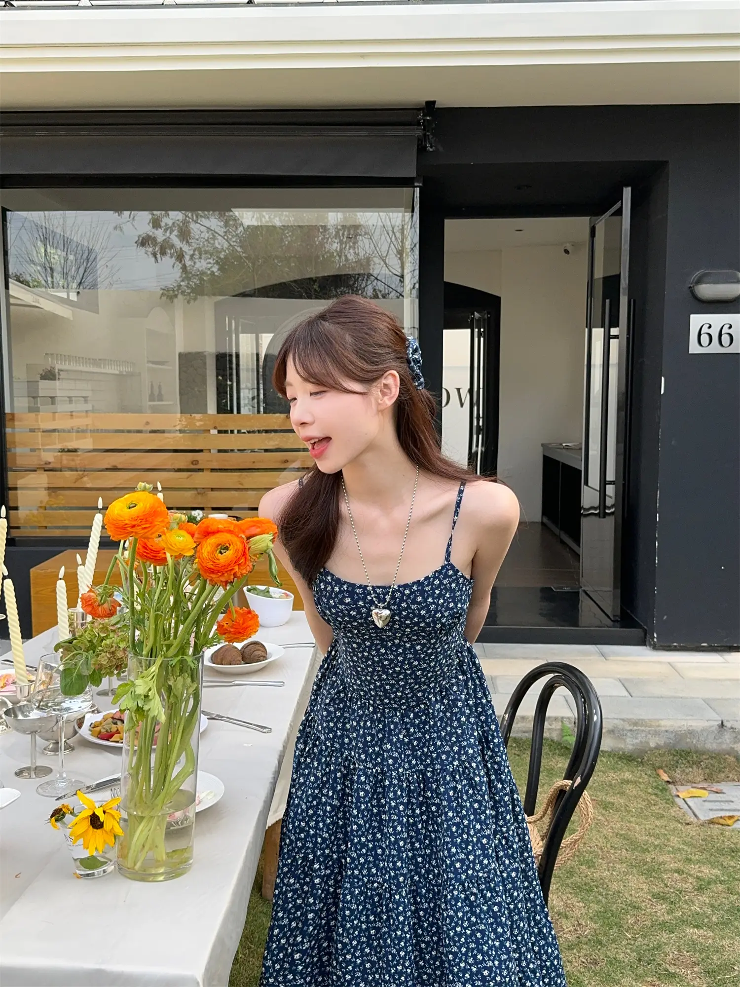 여성용 블루 소재 A자 학교 스타일 드레스 상세 이미지 1
