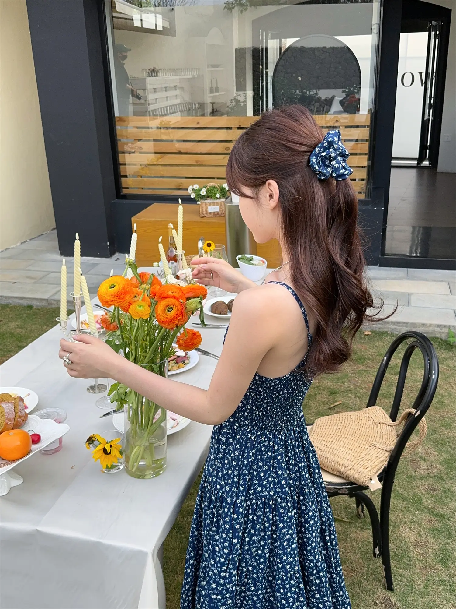 여성용 블루 소재 A자 학교 스타일 드레스 상세 이미지 2