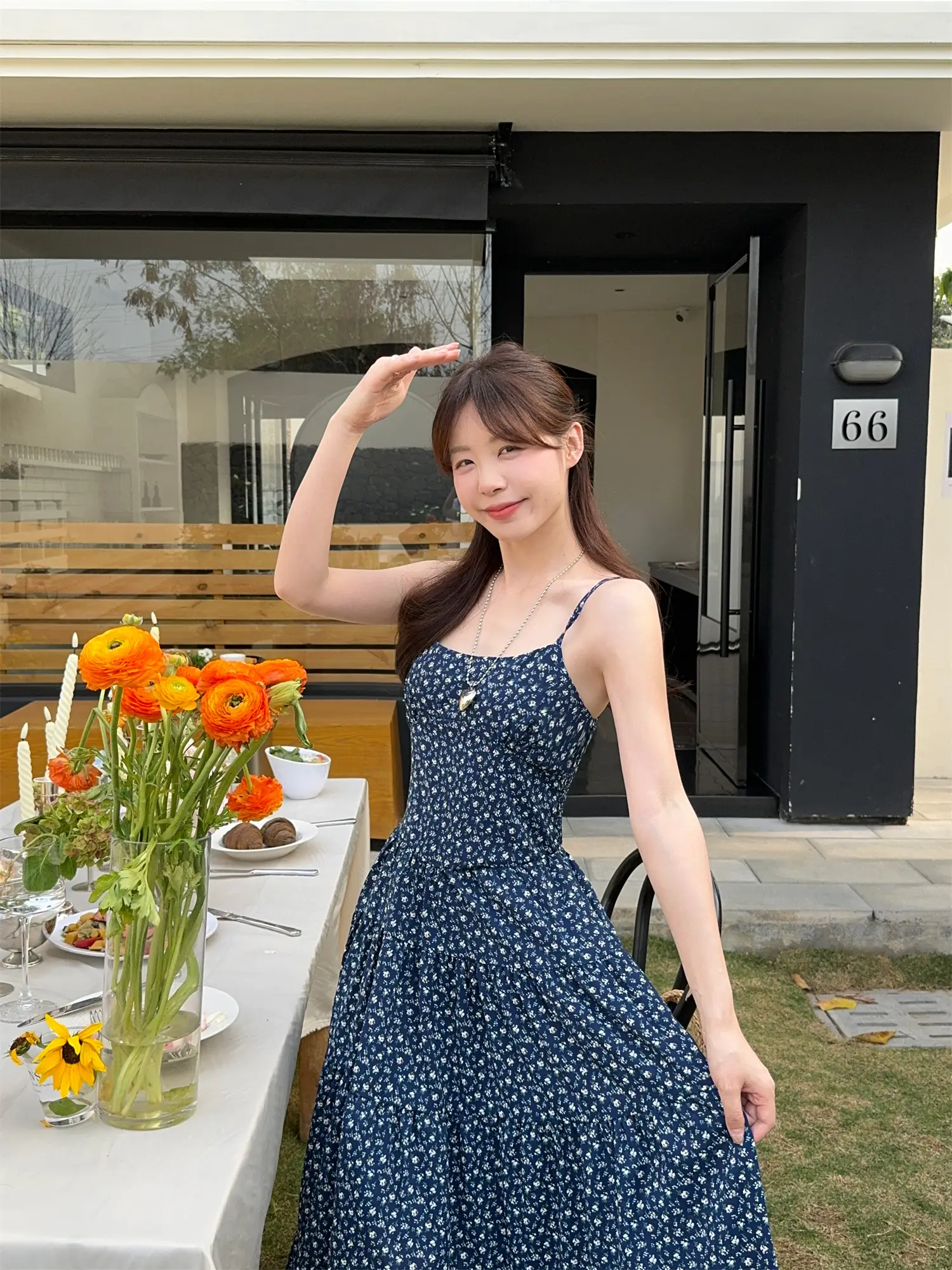 여성용 블루 소재 A자 학교 스타일 드레스 상세 이미지 3