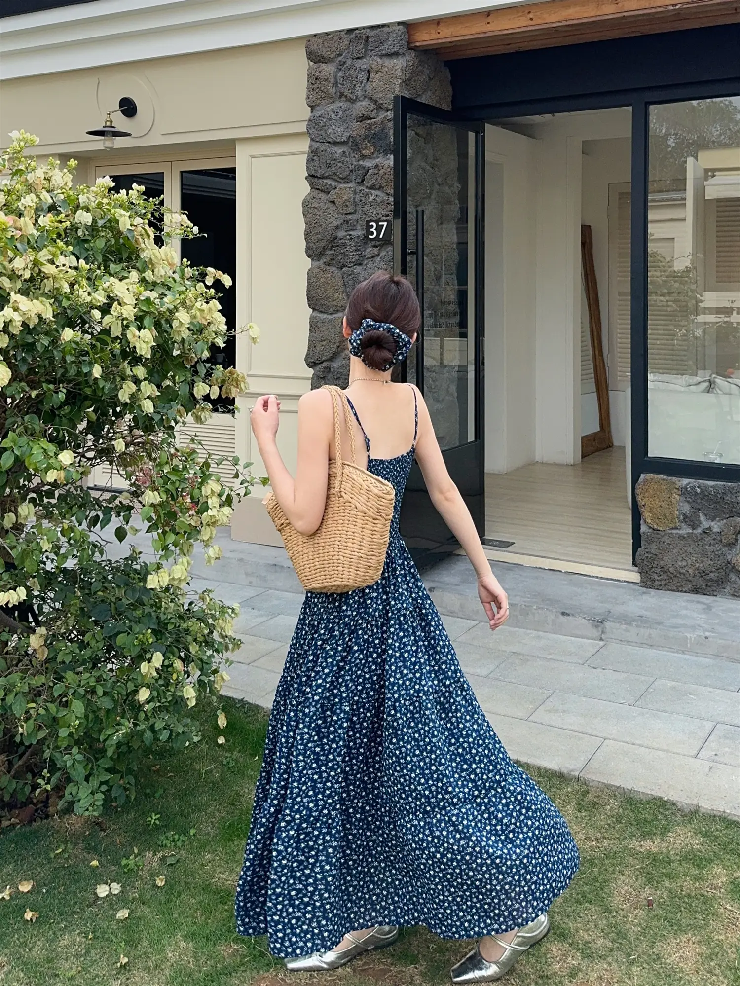 여성용 블루 소재 A자 학교 스타일 드레스 상세 이미지 5