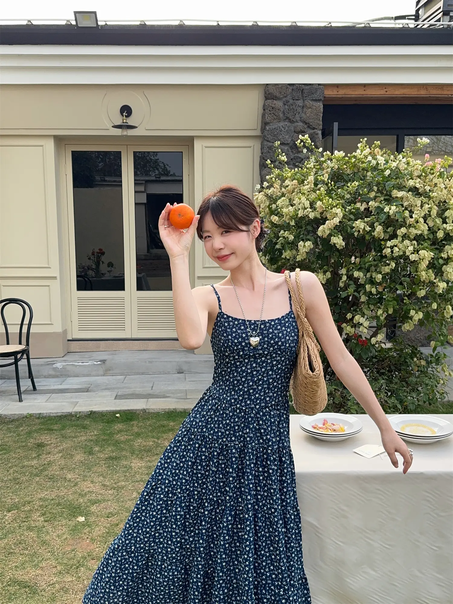 여성용 블루 소재 A자 학교 스타일 드레스 상세 이미지 8