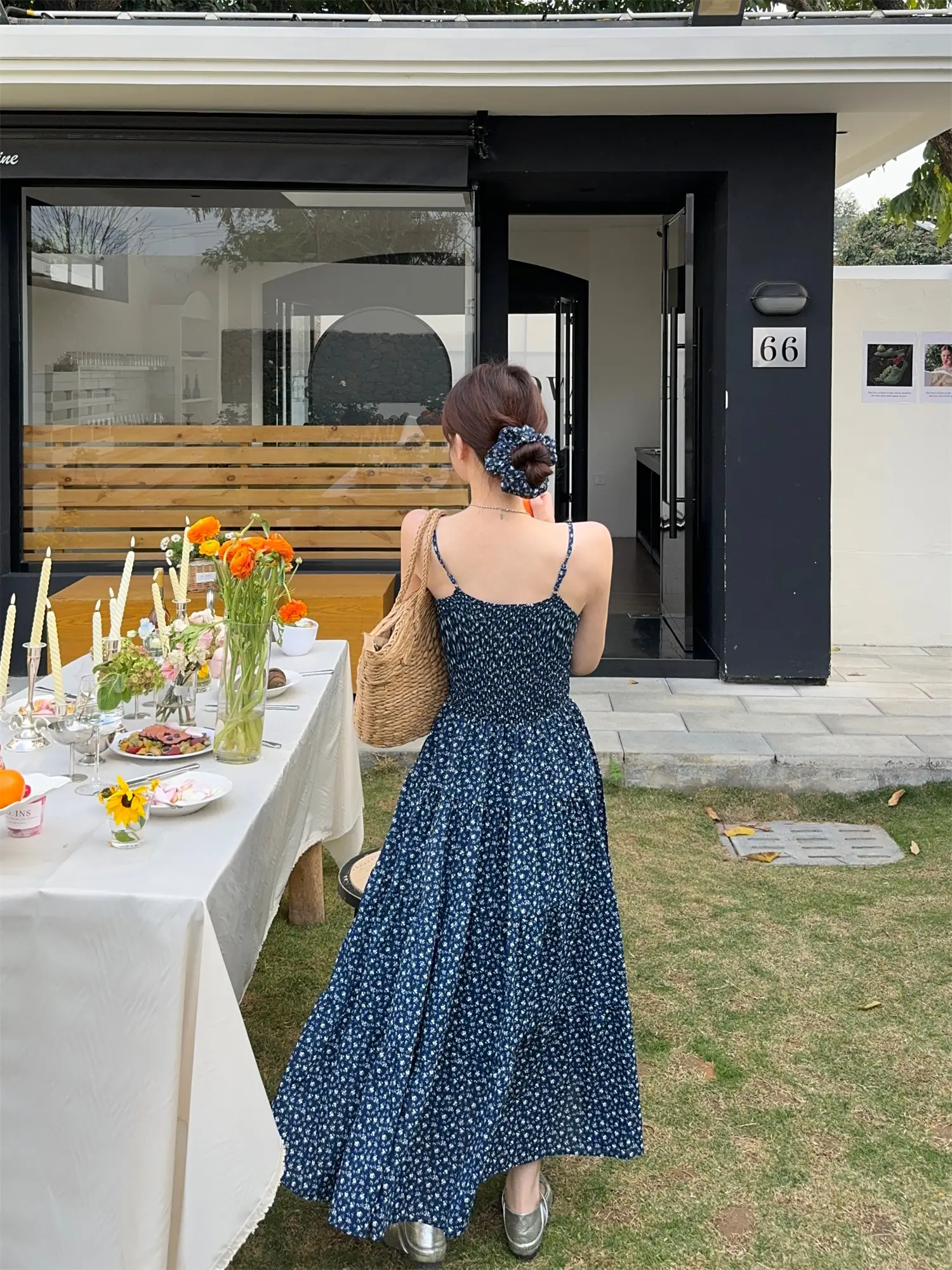 여성용 블루 소재 A자 학교 스타일 드레스 상세 이미지 13