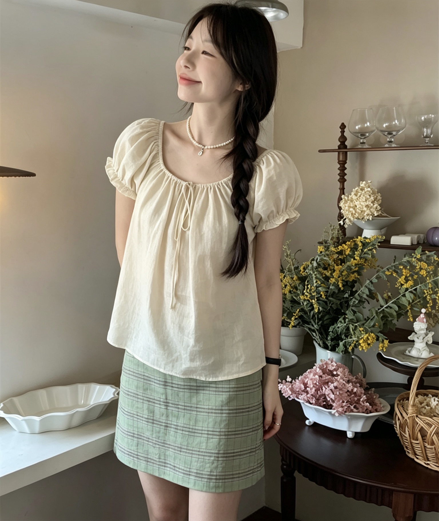 실사 정가 부드러운 바람 디자인 센스 광장 칼라 거품 소매 반팔 셔츠 하이웨이스트 한 마디 반신 치마 세트