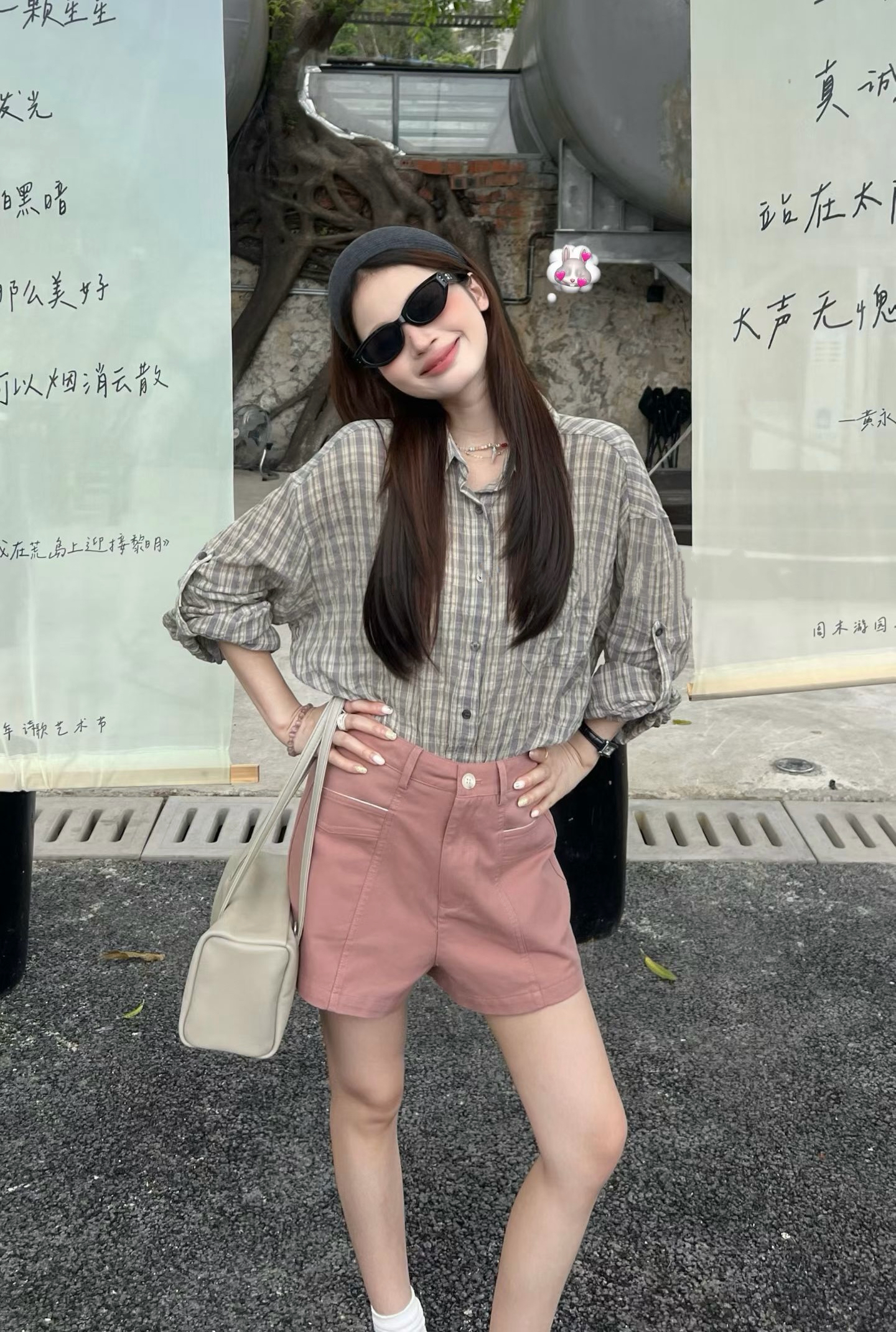 실사 정가 미니멀리즘 레트로 얇은 스타일 자외선 차단 체크무늬 스택 착용 셔츠 하이웨이스트 한 마디 작은 키 4 점 바지
