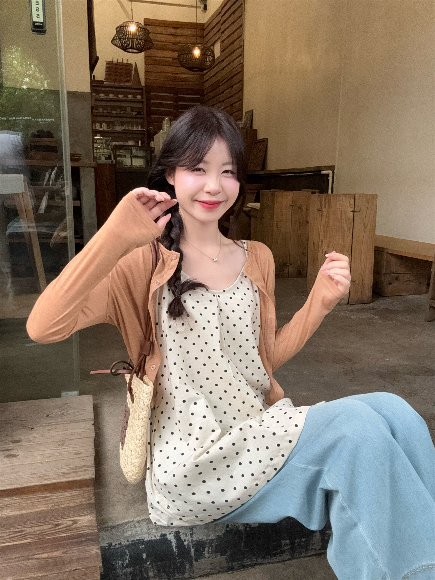 실사 정가 달콤함 연령 감소 얇은 스타일 자외선 차단 니트 오픈 가디건 도트 무늬 슬립 스택 착용 조끼 투피스 슈트