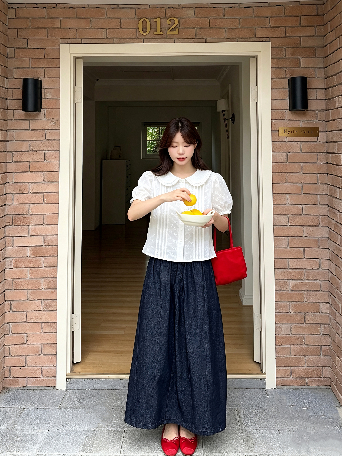 실사 정가 프랑스식 거품 소매 레이스 레이스 베이비 칼라 홀로우 아웃 자수 셔츠 한 마디 데님 반신 스커트